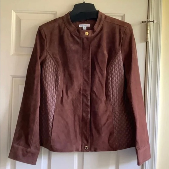 Isaac Mizrahi Suede & Lamb LeatherJacket w/ Quilted Details Saddle Brown SZ 14 - Picture 1 of 16